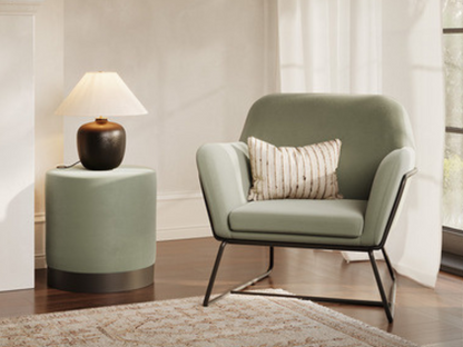 Lara Footstool Sage Green Plush Velvet with Matt Black Circular Frame