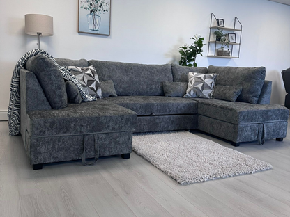 Meridian U Shape Sofa Bed with Storage Alaska Chenille Platinum Grey