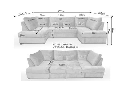 Meridian U Shape Sofa Bed with Storage Grey Plush Velvet