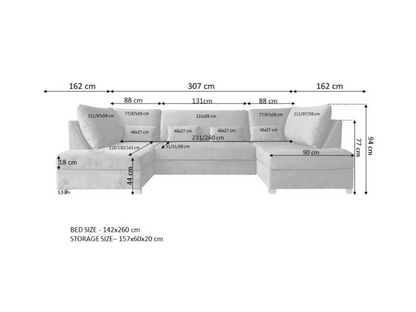 Meridian U Shaped Sofa Bed with Storage