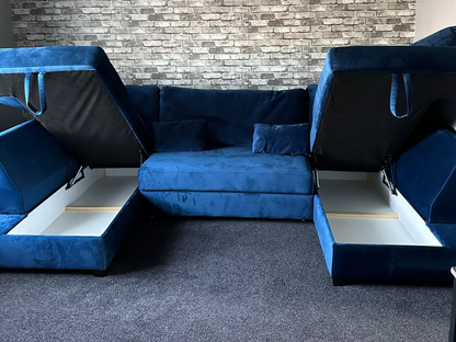Meridian U Shape Sofa Bed with Storage Blue Plush Velvet
