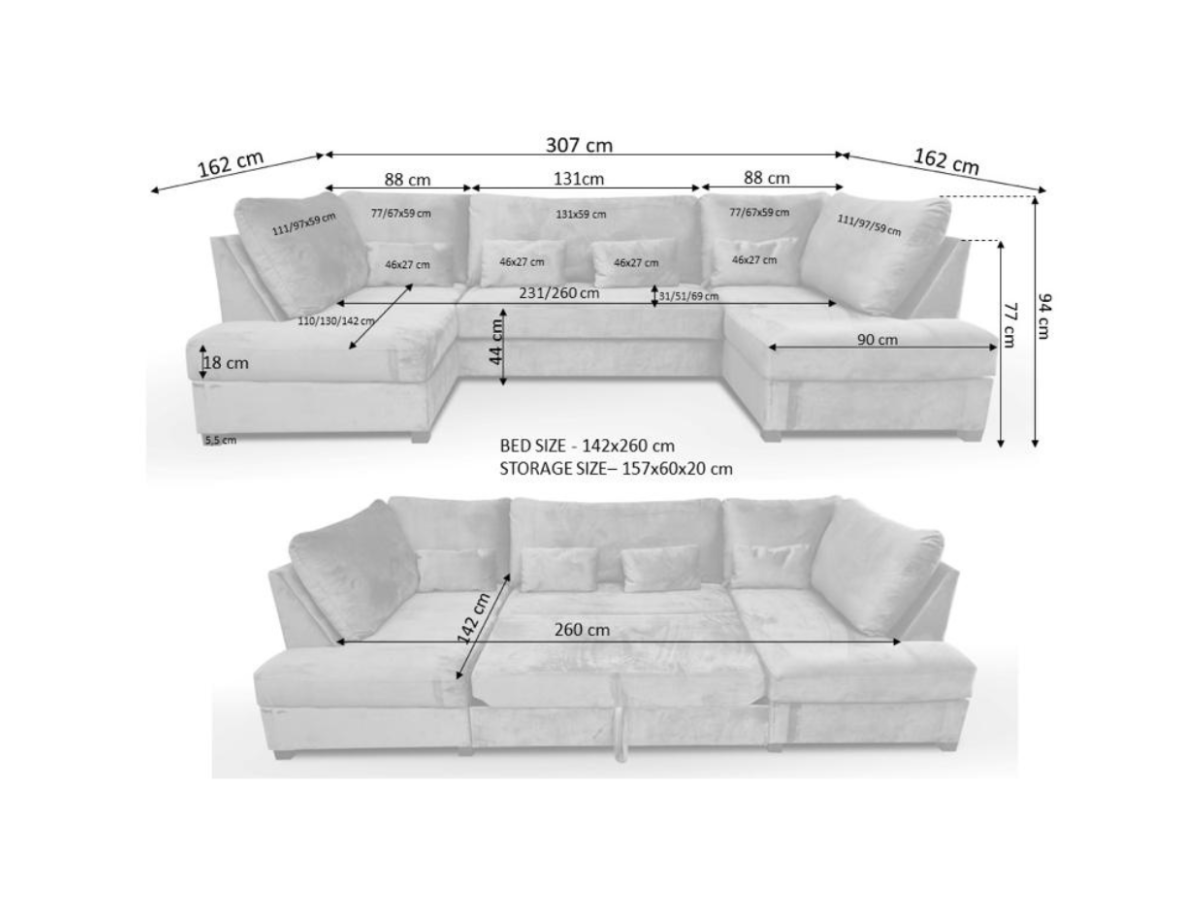 Meridian U Shape Sofa Bed with Storage Blue Plush Velvet