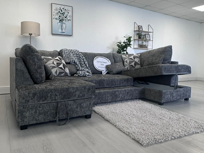 Meridian U Shape Sofa Bed with Storage Alaska Chenille Platinum Grey