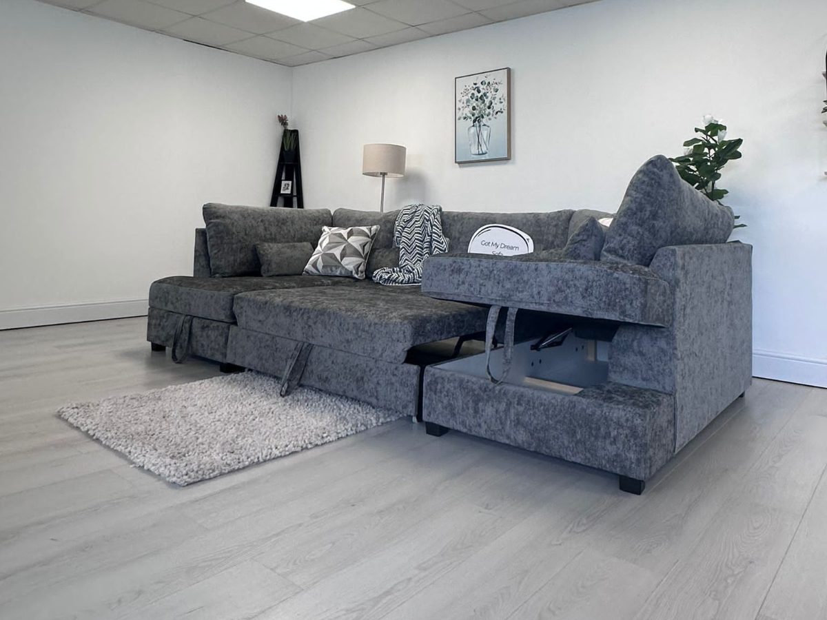 Meridian U Shape Sofa Bed with Storage Alaska Chenille Platinum Grey