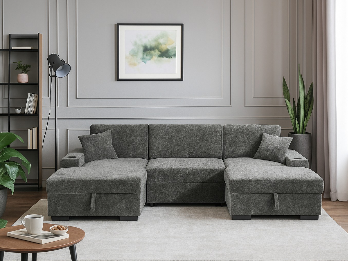 Noma U Shape Sofa Bed with Storage Grey Chenille