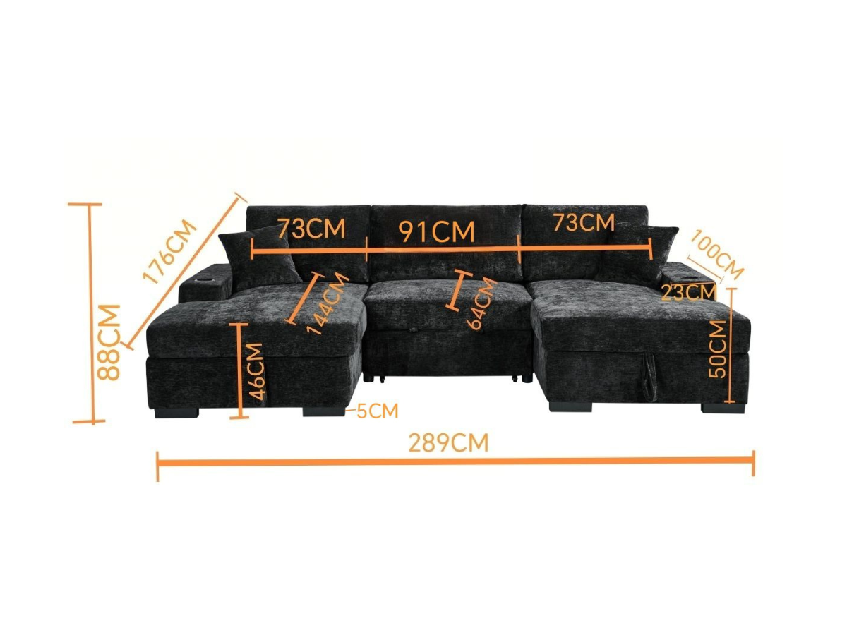 Noma U Shape Sofa Bed with Storage Black Chenille