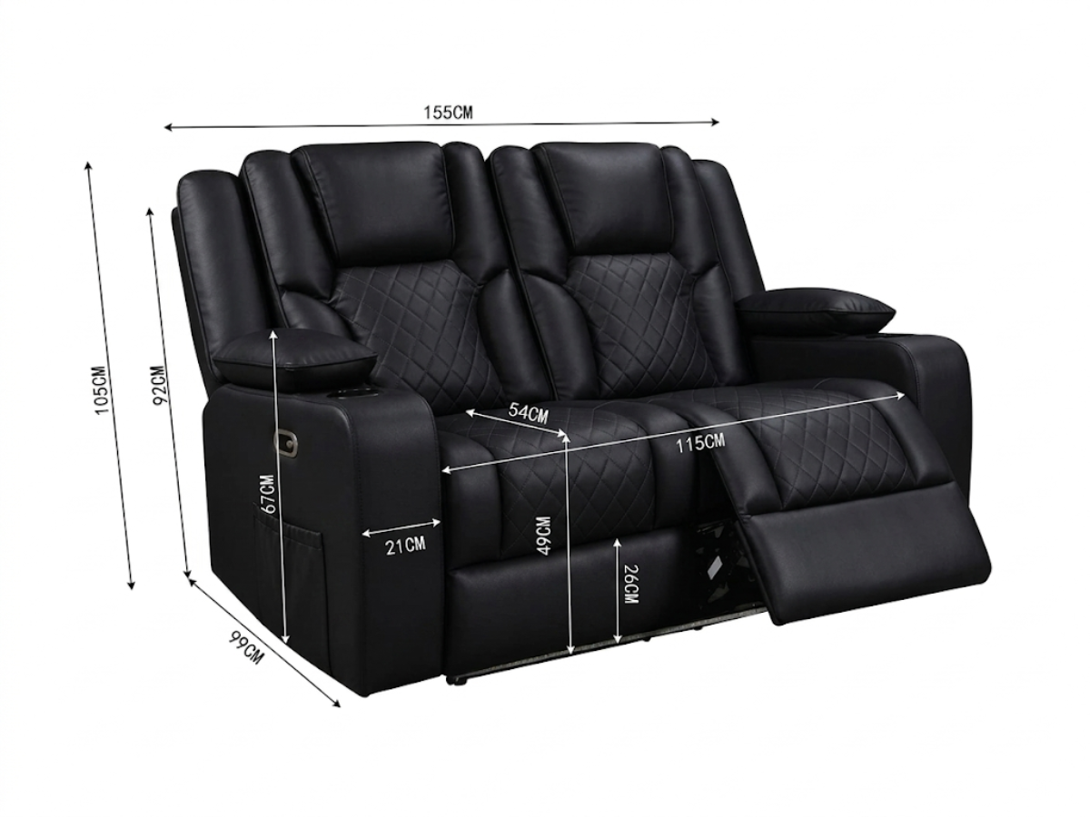 Orlando 2 Seater Electric Recliner Sofa Black Aire Leather