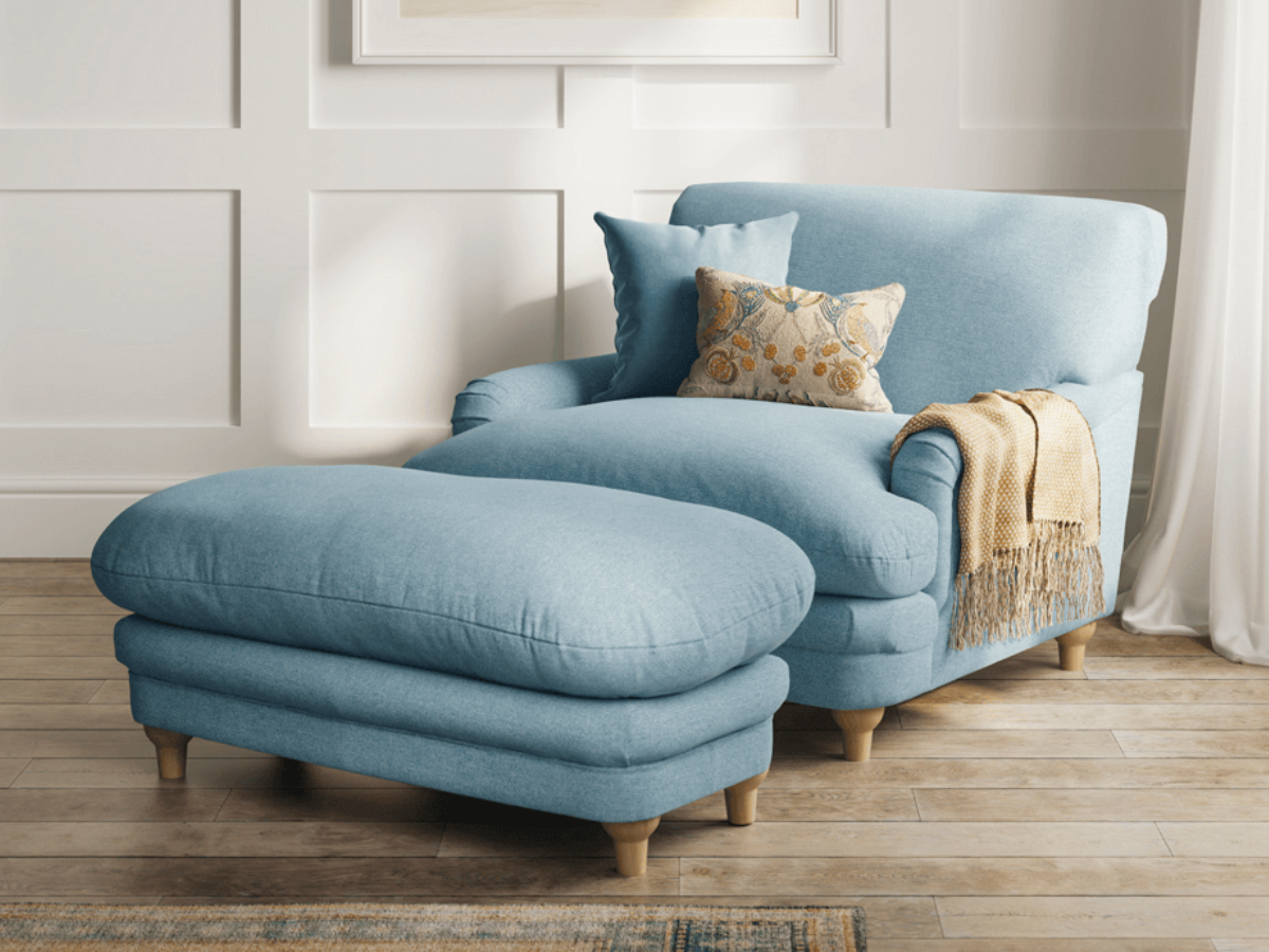 Plumpton Blue Footstool in Denim Blue and Duck Egg Chenille