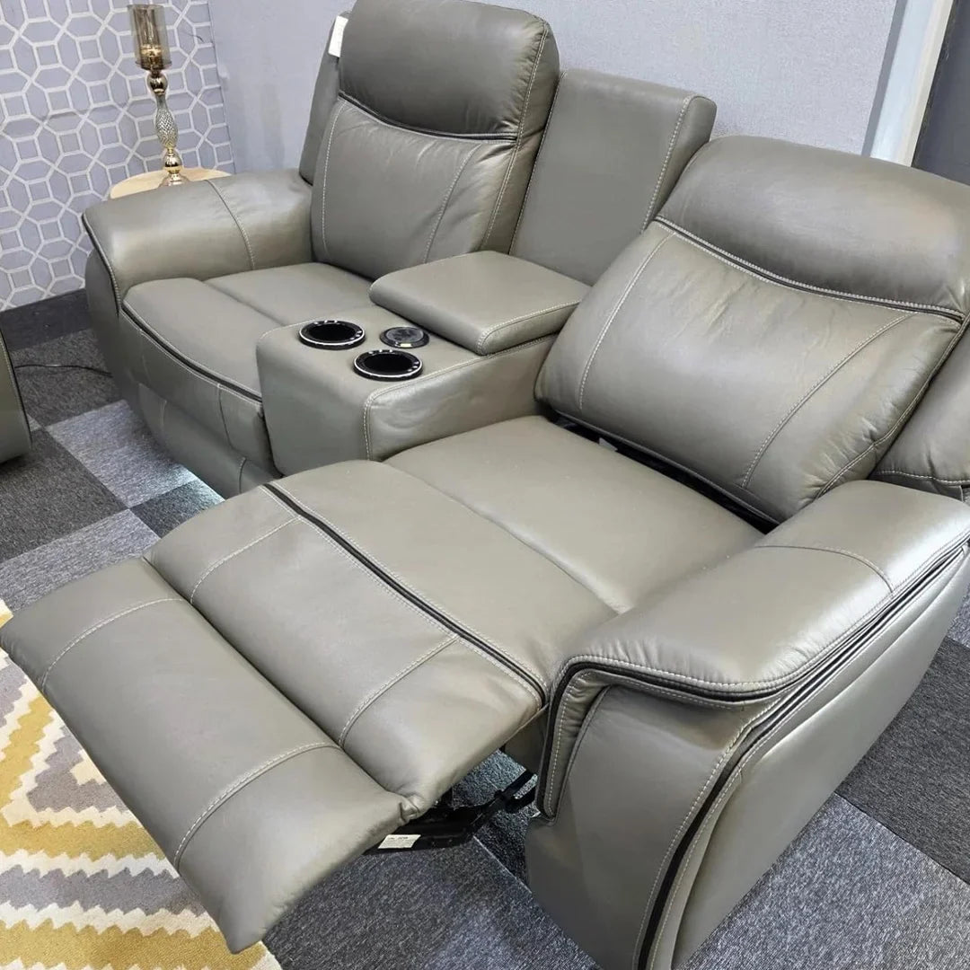 Parada Leather Electric Recliner Sofa 3+2 Seater-Bluetooth/USB/C-Type/Led/Cooling-Cup Holders - Grey