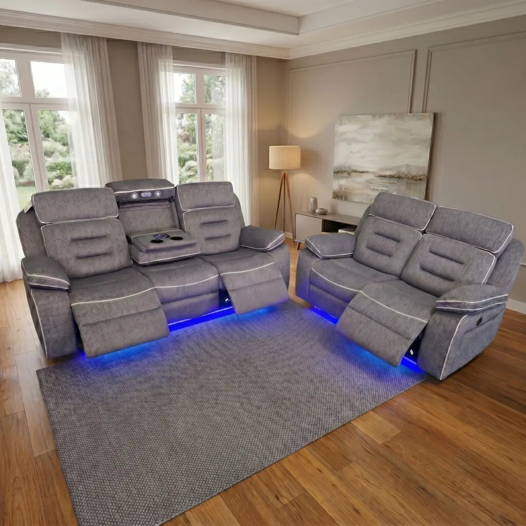 Hafsa Fabric Electric Recliner 3+2 Seater Sofa Set – Bluetooth Speakers, LED Lights & Wireless Charging