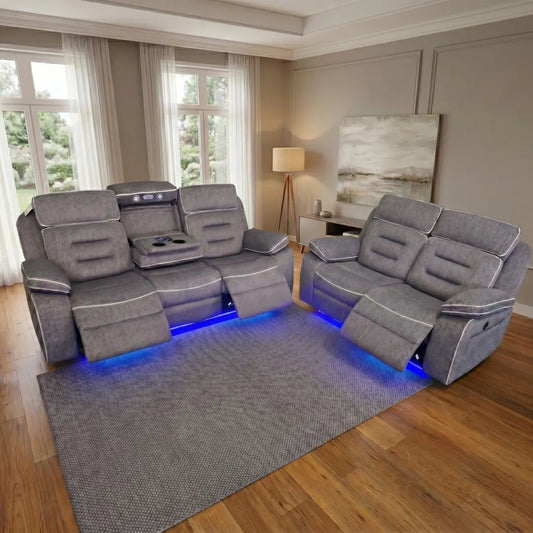 Hafsa Fabric Electric Recliner 3+2 Seater Sofa Set – Bluetooth Speakers, LED Lights & Wireless Charging