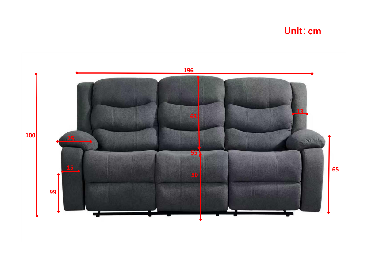 Classic 3 Seater Recliner Sofa Manual Grey Fabric