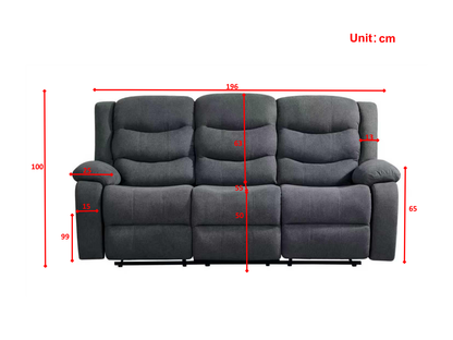 Classic 3 Seater Recliner Sofa Manual Grey Fabric