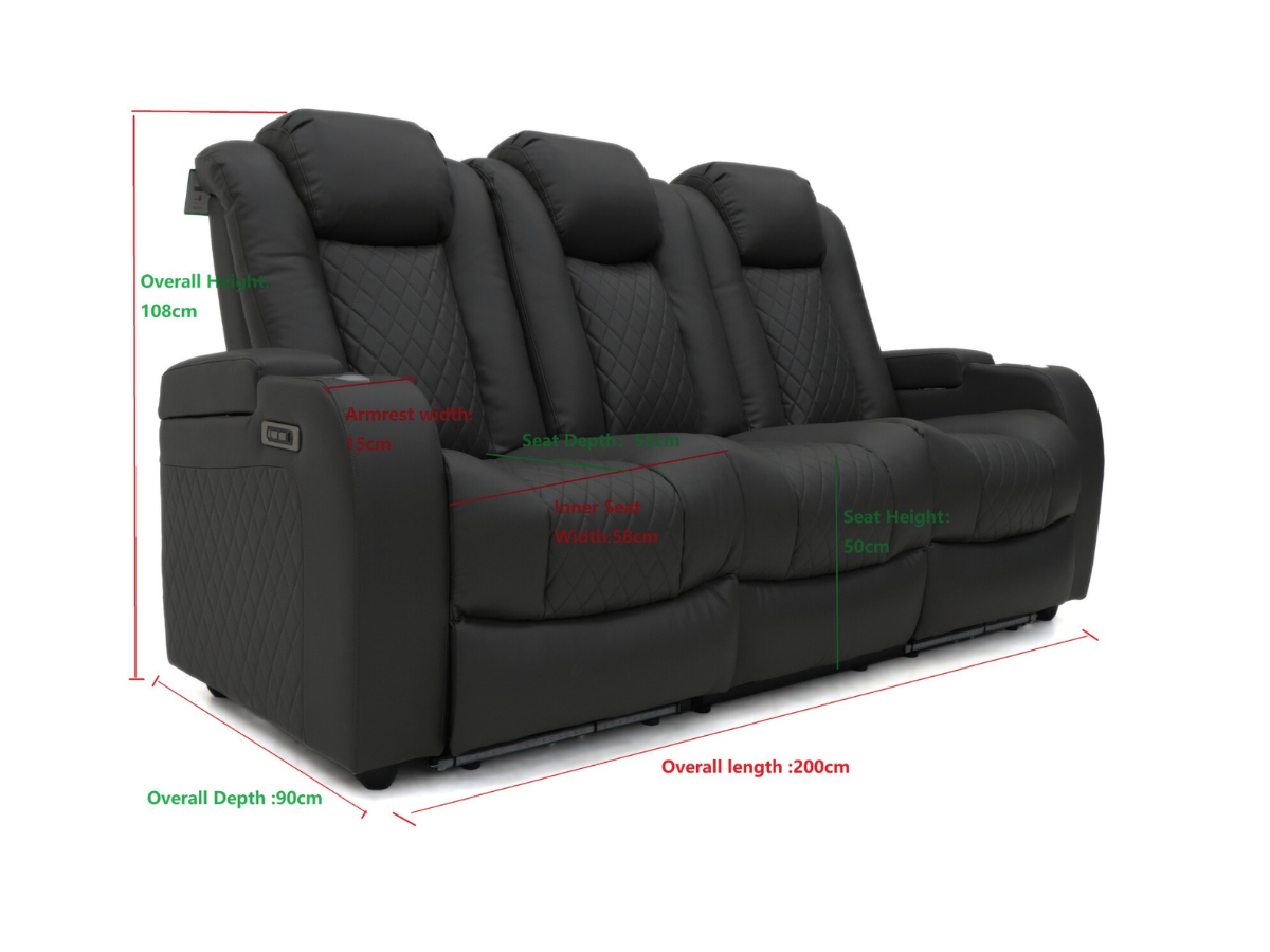 Tech 8 Smart 3+2 Electric Recliner Sofa Set Black Aire Leather