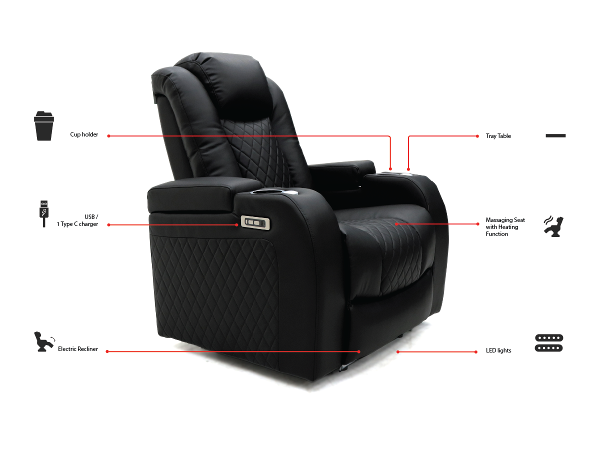 Tech 8 Smart 3+2+1 Electric Recliner Sofa Set Black Aire Leather