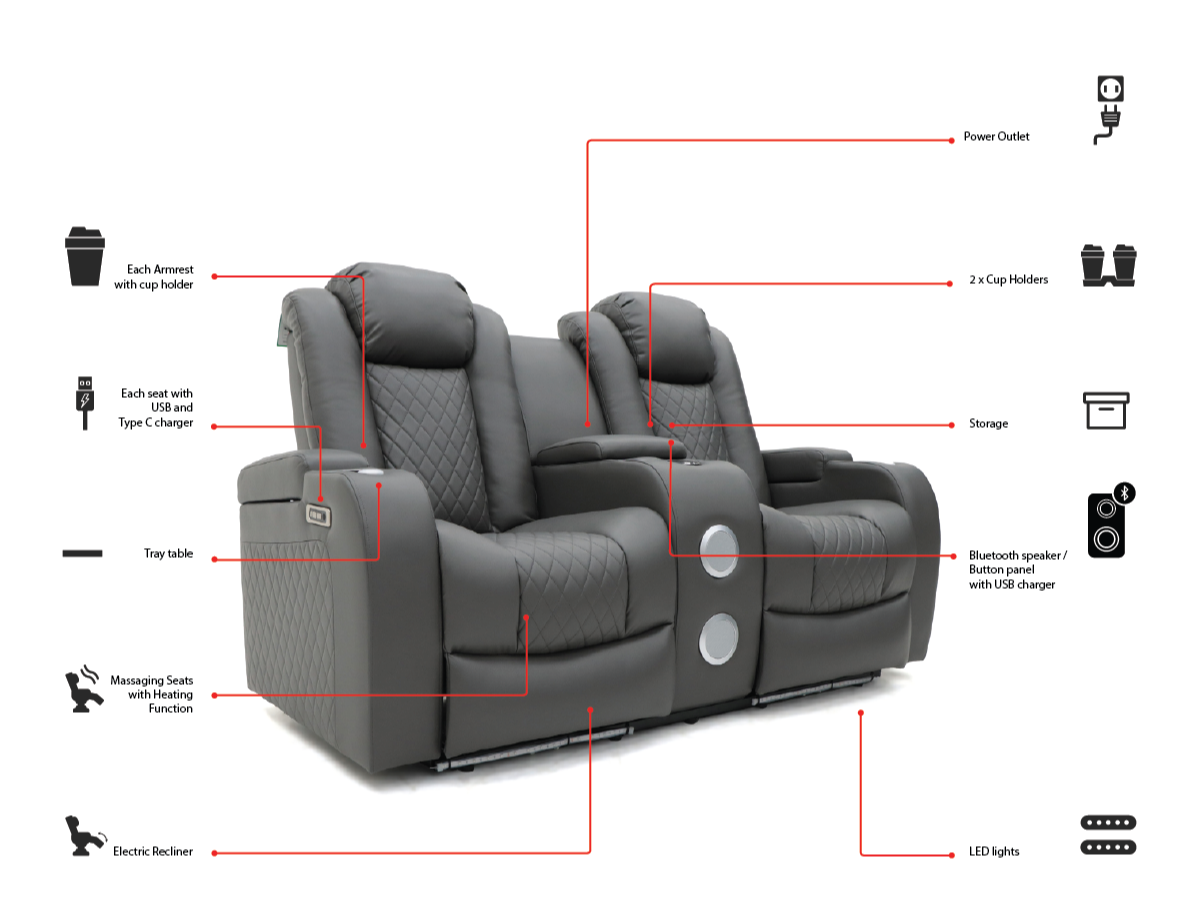 Tech 8 Smart Grey 2 Seater Electric Recliner Sofa Aire Leather