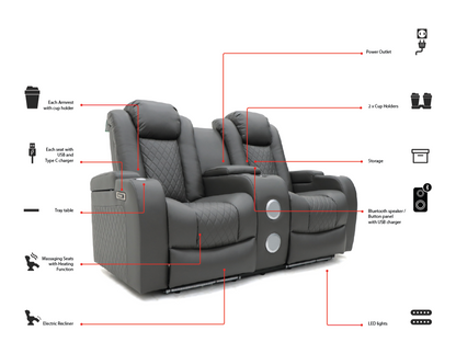 Tech 8 Smart Grey 2 Seater Electric Recliner Sofa Aire Leather