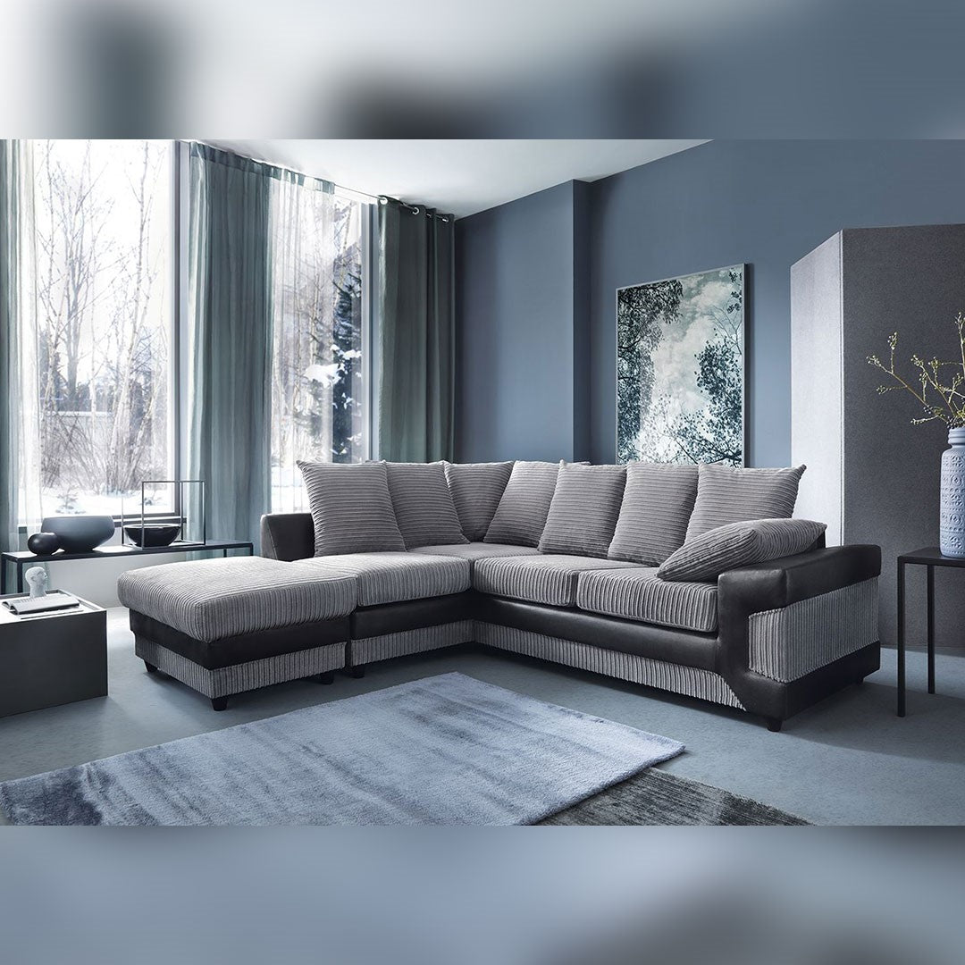 NEW LARGE DINO CORNER SOFA JUMBO CORD GREY BLACK OR BEIGE BROWN LEFT OR RIGHT(Grey Black right). Fire resistant as per British Standards, foam filled seats for comfort.