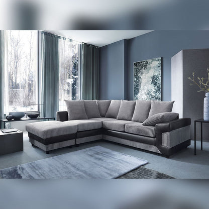 NEW LARGE DINO CORNER SOFA JUMBO CORD GREY BLACK OR BEIGE BROWN LEFT OR RIGHT(Grey Black right). Fire resistant as per British Standards, foam filled seats for comfort.