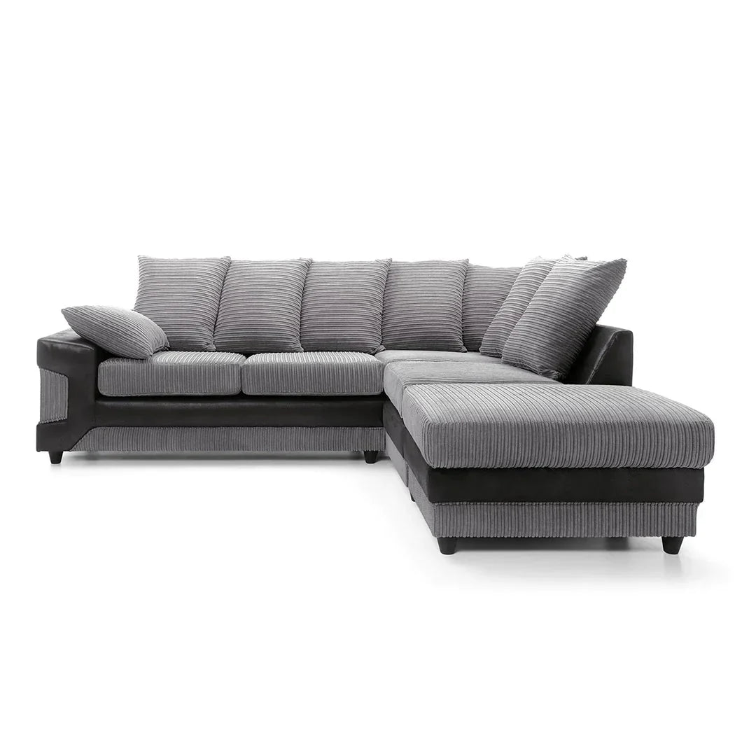 NEW LARGE DINO CORNER SOFA JUMBO CORD GREY BLACK OR BEIGE BROWN LEFT OR RIGHT(Grey Black right). Fire resistant as per British Standards, foam filled seats for comfort.