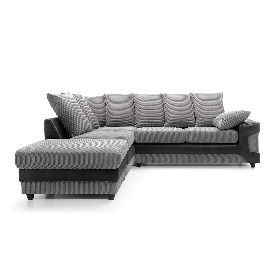 NEW LARGE DINO CORNER SOFA JUMBO CORD GREY BLACK OR BEIGE BROWN LEFT OR RIGHT(Grey Black right). Fire resistant as per British Standards, foam filled seats for comfort.