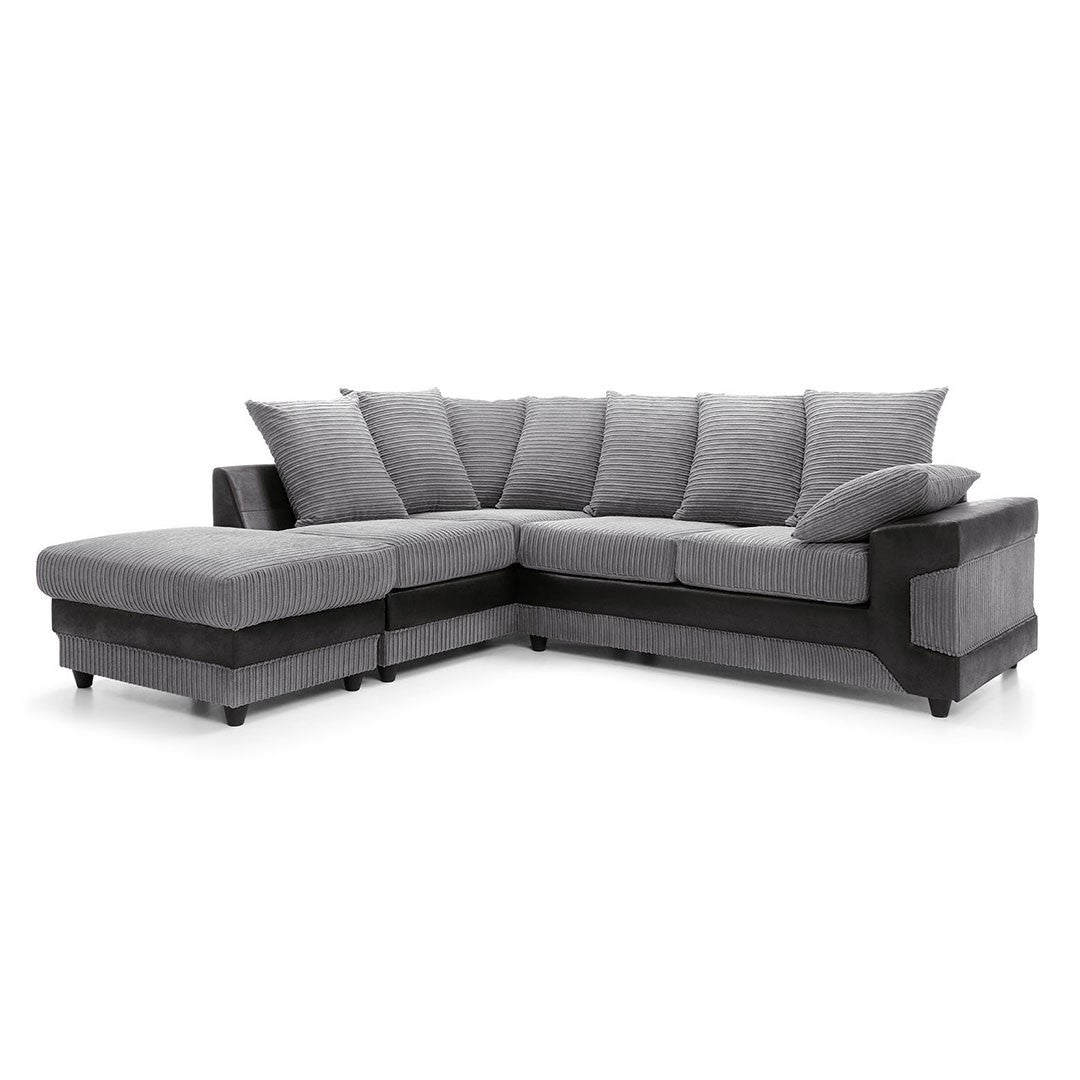 NEW LARGE DINO CORNER SOFA JUMBO CORD GREY BLACK OR BEIGE BROWN LEFT OR RIGHT(Grey Black right). Fire resistant as per British Standards, foam filled seats for comfort.