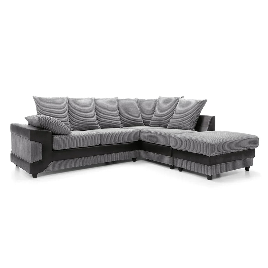 NEW LARGE DINO CORNER SOFA JUMBO CORD GREY BLACK OR BEIGE BROWN LEFT OR RIGHT(Grey Black right). Fire resistant as per British Standards, foam filled seats for comfort.