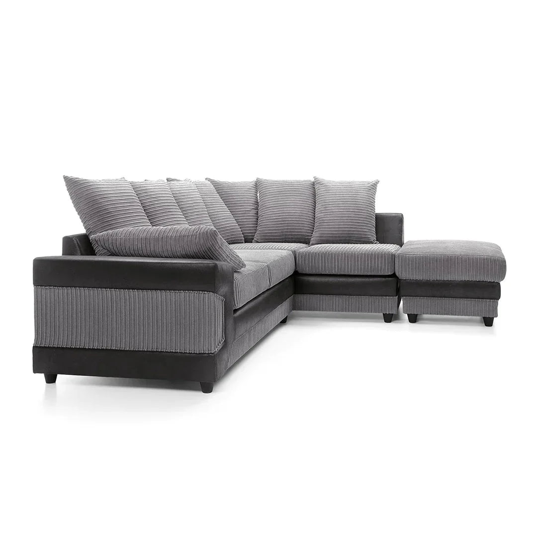 NEW LARGE DINO CORNER SOFA JUMBO CORD GREY BLACK OR BEIGE BROWN LEFT OR RIGHT(Grey Black right). Fire resistant as per British Standards, foam filled seats for comfort.