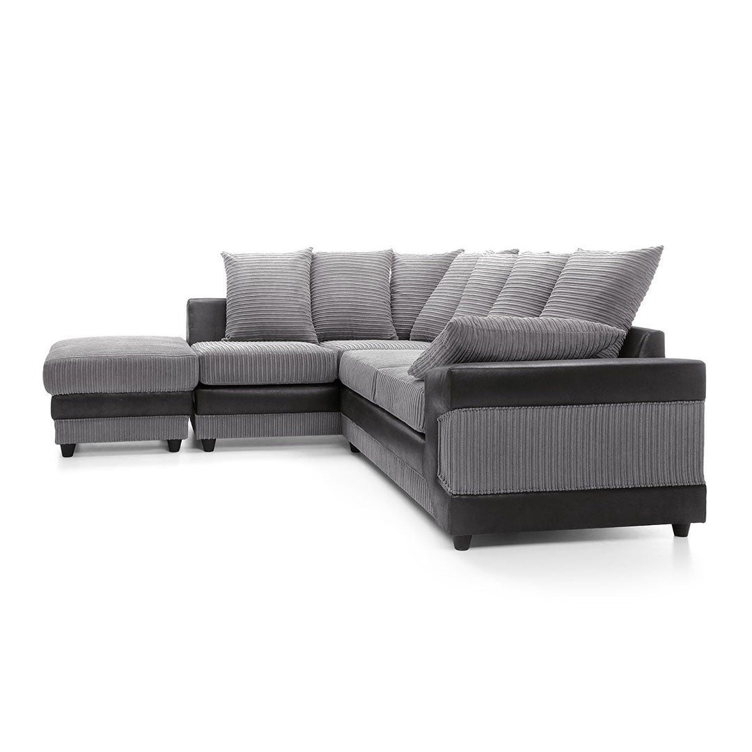 NEW LARGE DINO CORNER SOFA JUMBO CORD GREY BLACK OR BEIGE BROWN LEFT OR RIGHT(Grey Black right). Fire resistant as per British Standards, foam filled seats for comfort.