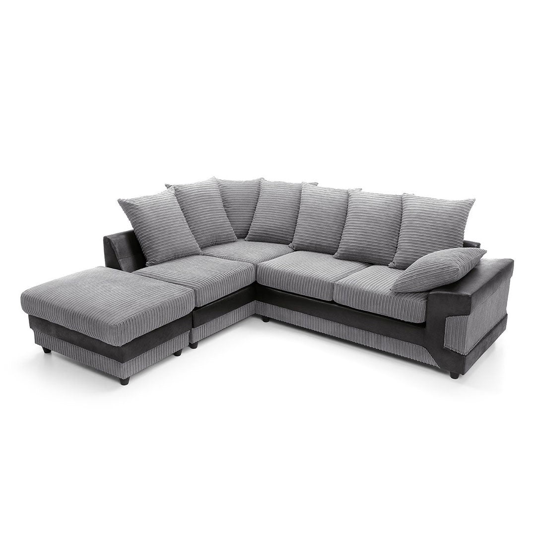 NEW LARGE DINO CORNER SOFA JUMBO CORD GREY BLACK OR BEIGE BROWN LEFT OR RIGHT(Grey Black right). Fire resistant as per British Standards, foam filled seats for comfort.