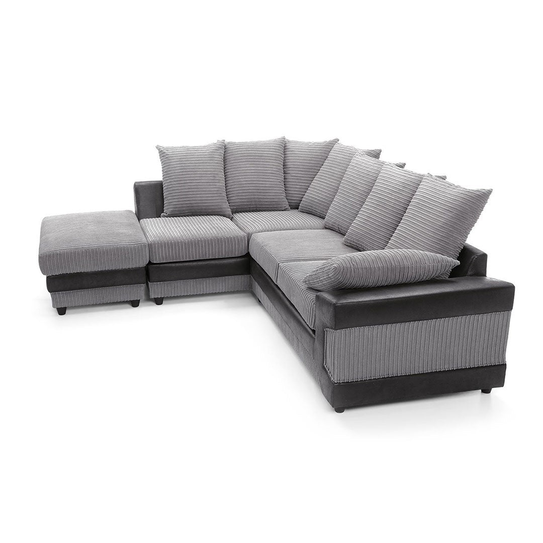 NEW LARGE DINO CORNER SOFA JUMBO CORD GREY BLACK OR BEIGE BROWN LEFT OR RIGHT(Grey Black right). Fire resistant as per British Standards, foam filled seats for comfort.