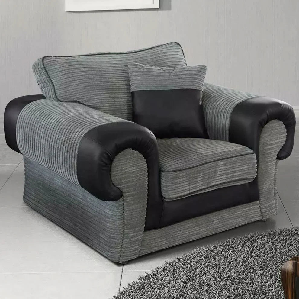 Tango 3+2 Seater Sofa Set – Jumbo Cord Fabric with Leather Detail  Grey & Brown