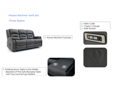 Vinson 3 Seater Electric Recliner Sofa  Black Aire Leather