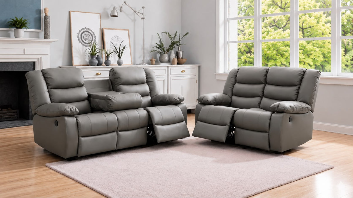 PrimeRoma Leather Recliner Sofa with Cupholders - 3+2 Seater Sofa - Black (3+2 Seater)