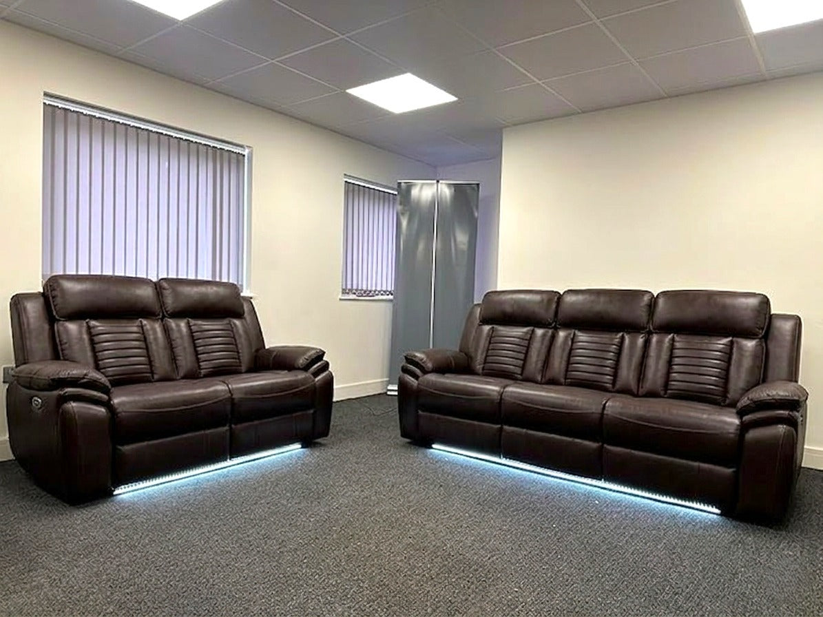 Savilla Electric Leather Recliner Sofa Set – 3+2 Seater with Cup Holders, USB & Type-C Charging Ports, LED Lighting & Wireless Charging, Black & Grey