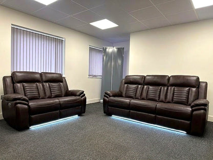 Savilla Electric Leather Recliner Sofa Set – 3+2 Seater with Cup Holders, USB & Type-C Charging Ports, LED Lighting & Wireless Charging, Black & Grey