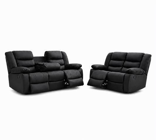 PrimeRoma Leather Recliner Sofa with Cupholders - 3+2 Seater Sofa - Black (3+2 Seater)