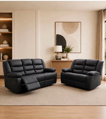 PrimeRoma Leather Recliner Sofa with Cupholders - 3+2 Seater Sofa - Black (3+2 Seater)
