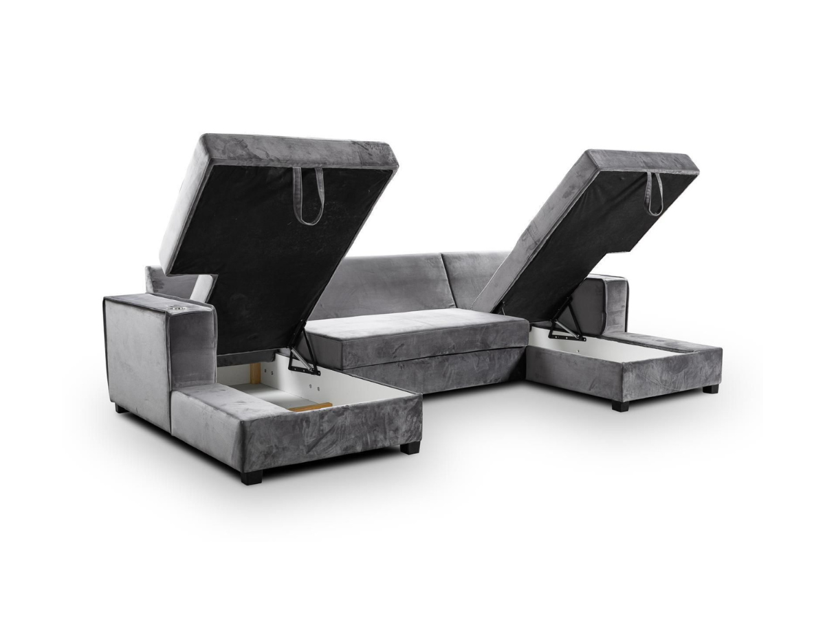 Zara U Shaped Sofa Bed with Storage Grey Plush Velvet