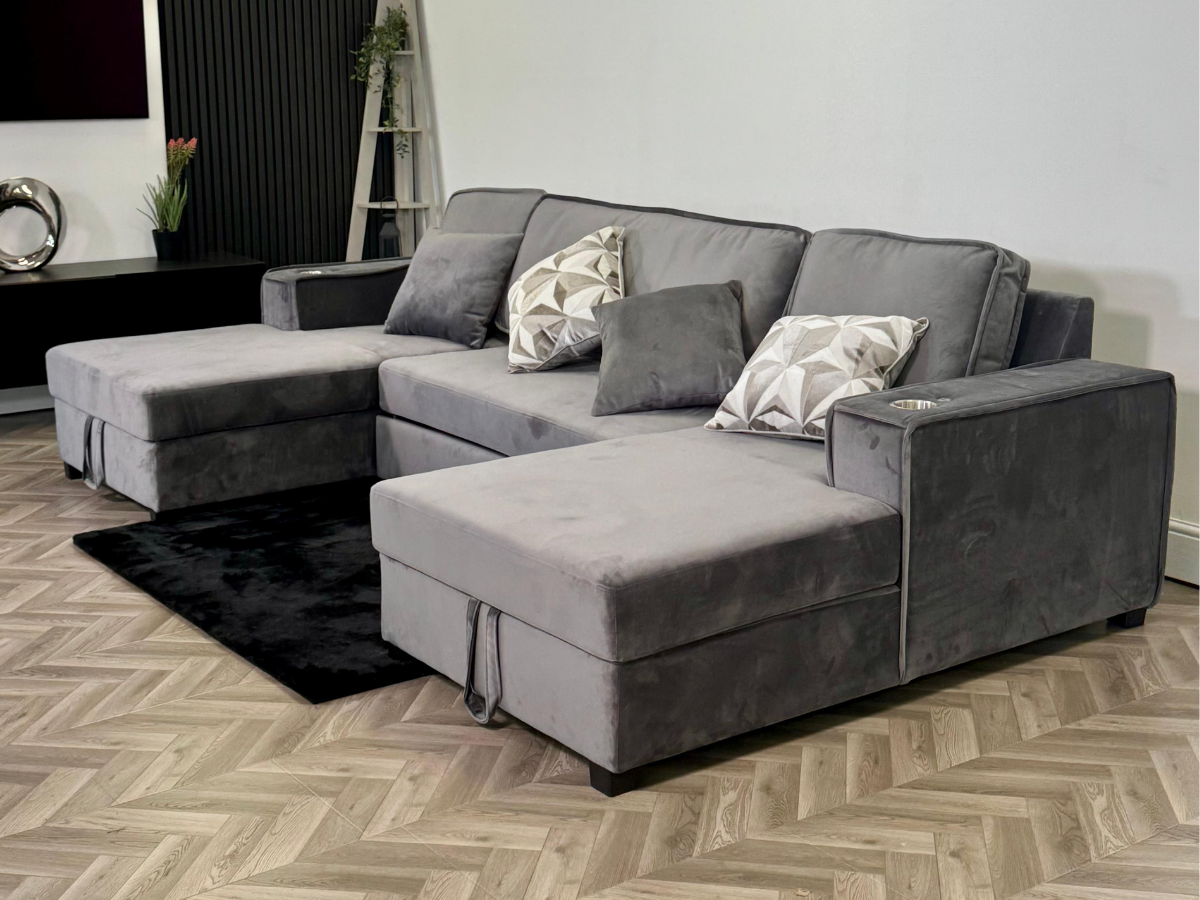 Zara U Shaped Sofa Bed with Storage Grey Plush Velvet