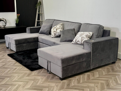 Zara U Shaped Sofa Bed with Storage Grey Plush Velvet