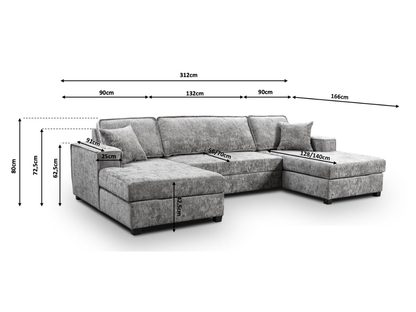 Zara U Shaped Sofa Bed with Storage Grey Plush Velvet
