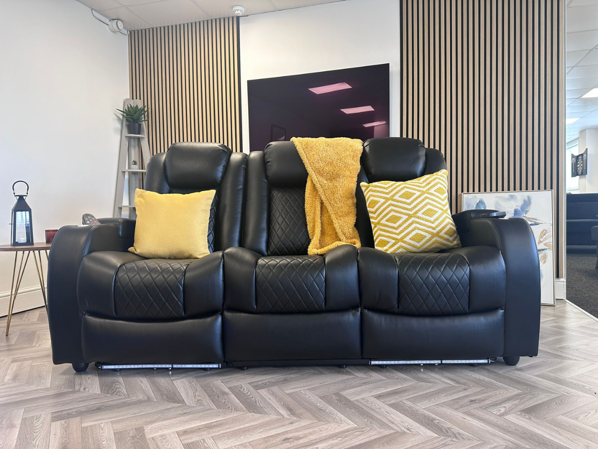 Tech 8 Smart 3 Seater Electric Recliner Sofa Black Aire Leather