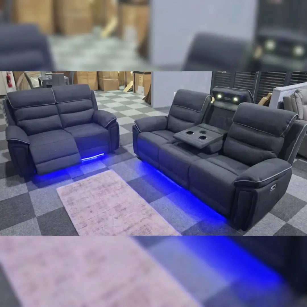 Venice Electric Recliner Sofa Set, Fabric, 3 and 2 Seater, Platinum, with USB, Type C, LED, and Reading Lights