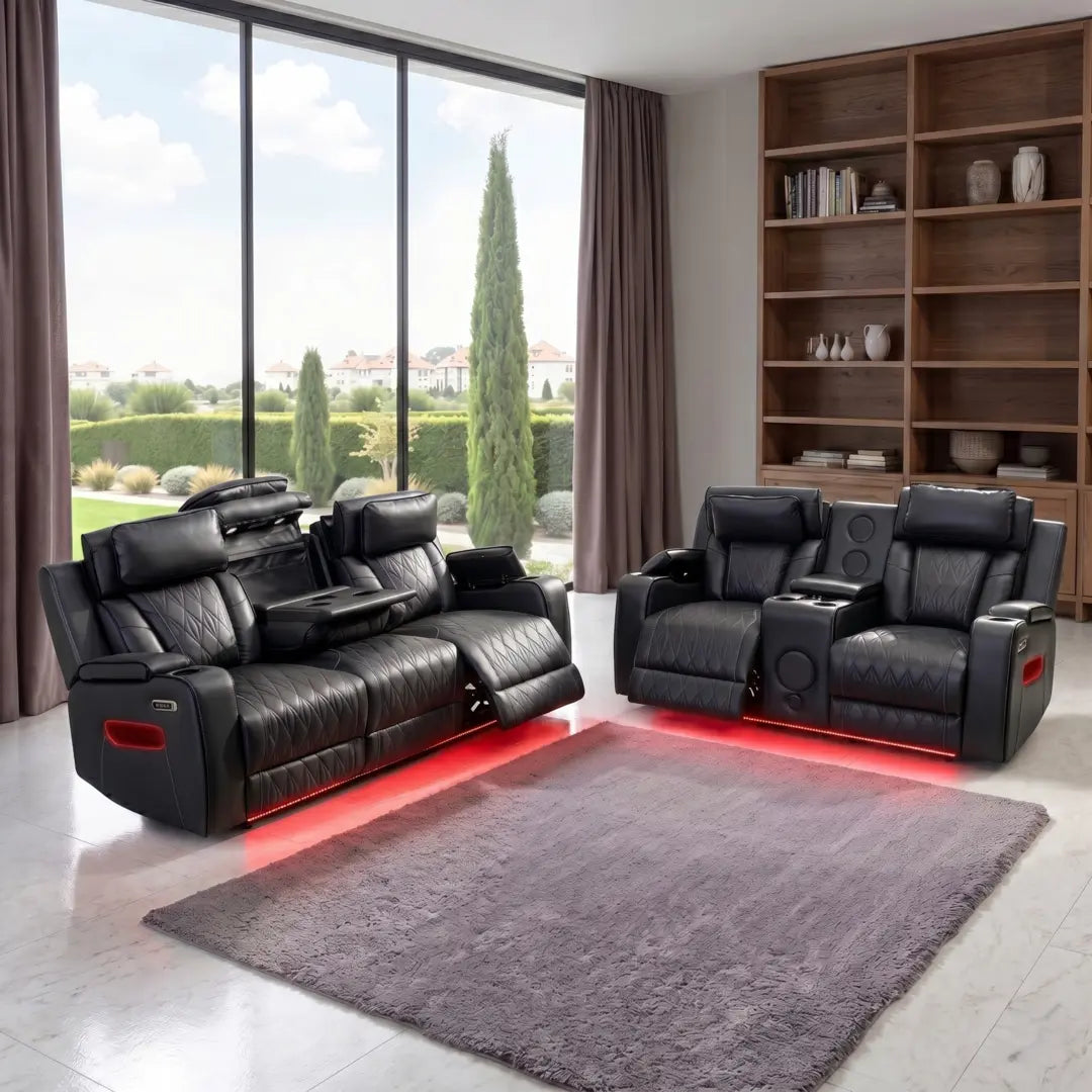Osman Smart Leather 3+2 Seater Sofa with Built-in Speakers, Wireless Charging, USB-C, RGB LED & Electric Headrests