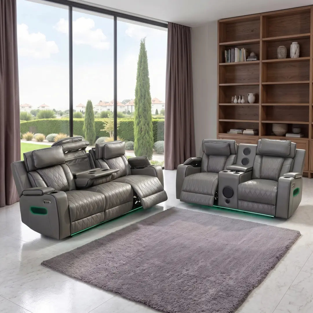 Osman Smart Leather 3+2 Seater Sofa with Built-in Speakers, Wireless Charging, USB-C, RGB LED & Electric Headrests