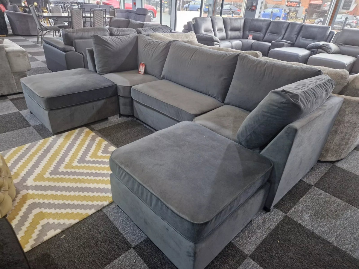S.D Bishop Grey Plush Velvet U Shape Corner Sofa